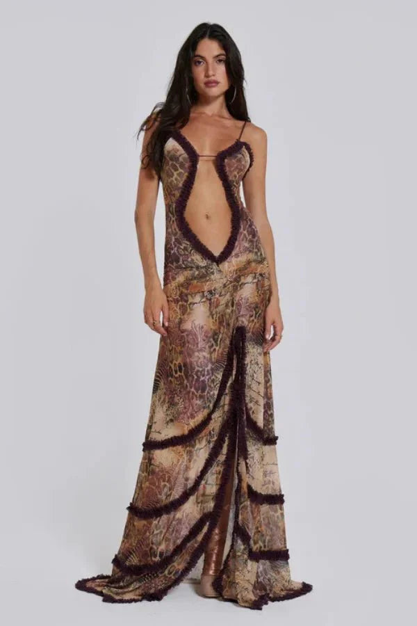 Poppy | Sleeveless Animal Print Cut Out Summer Maxi Dress