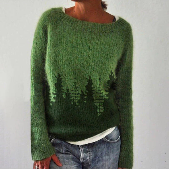 Poppy | Tree Print Knit Boat Neck Long Sleeve Jumper