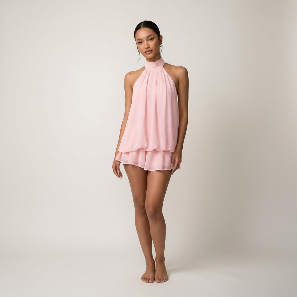 Poppy | Womens Halter Neck Chiffon Mini Romper