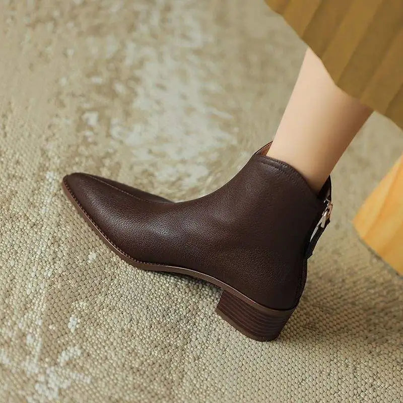 Maisie | Pointed Toe V Cut Shaft Block Heel Leather Ankle Boots