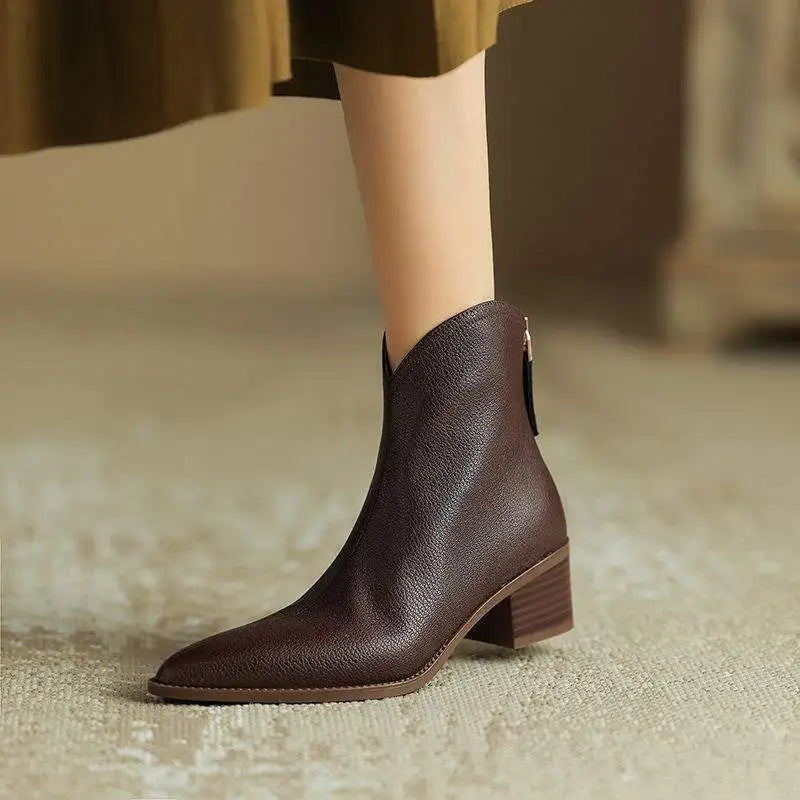 Maisie | Pointed Toe V Cut Shaft Block Heel Leather Ankle Boots