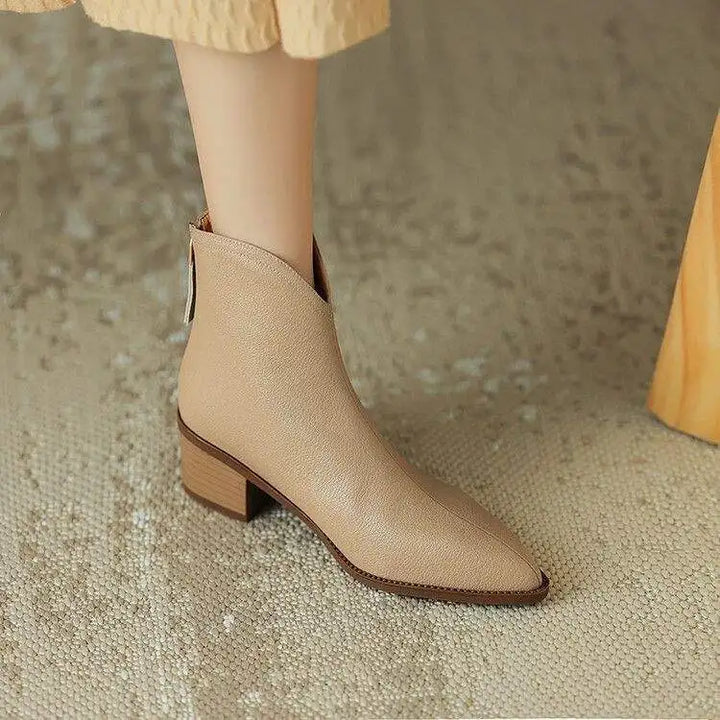 Maisie | Pointed Toe V Cut Shaft Block Heel Leather Ankle Boots