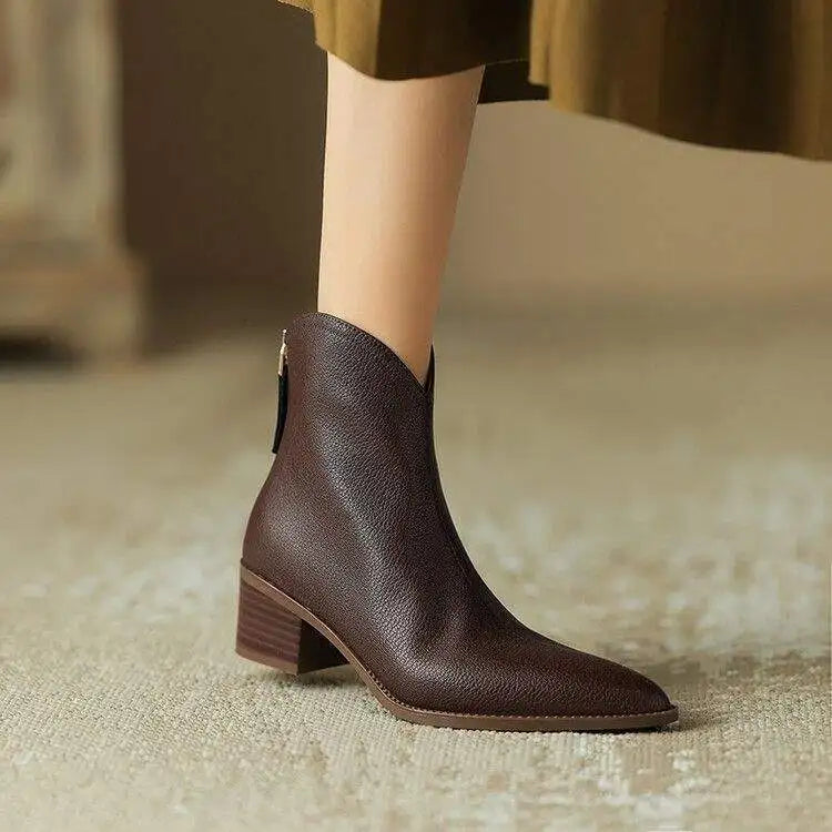 Maisie | Pointed Toe V Cut Shaft Block Heel Leather Ankle Boots