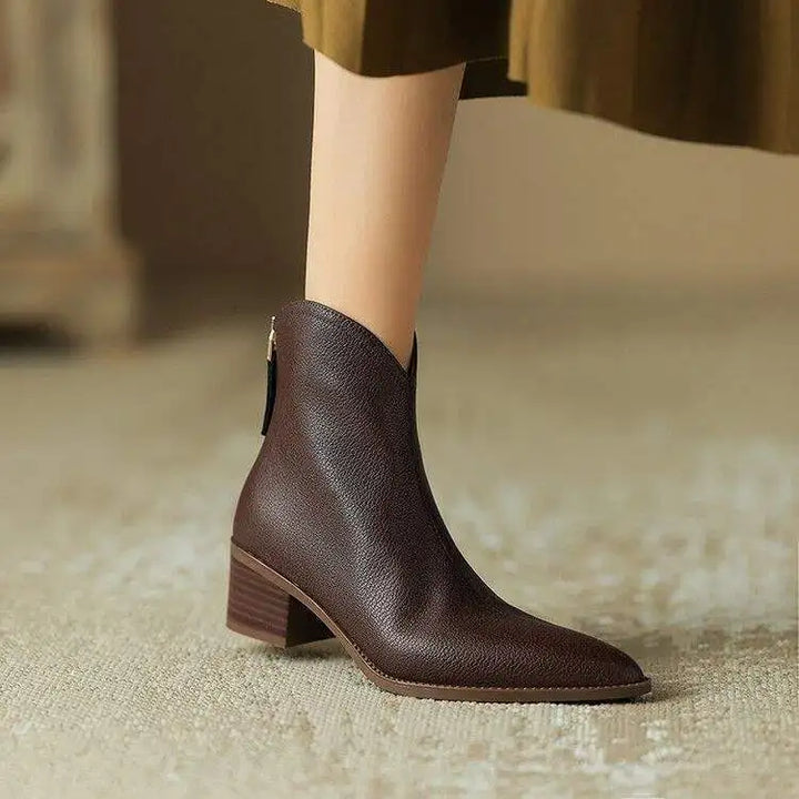 Maisie | Pointed Toe V Cut Shaft Block Heel Leather Ankle Boots