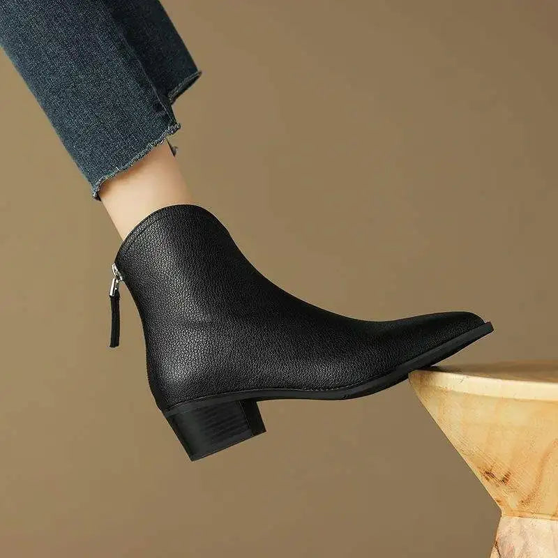 Maisie | Pointed Toe V Cut Shaft Block Heel Leather Ankle Boots