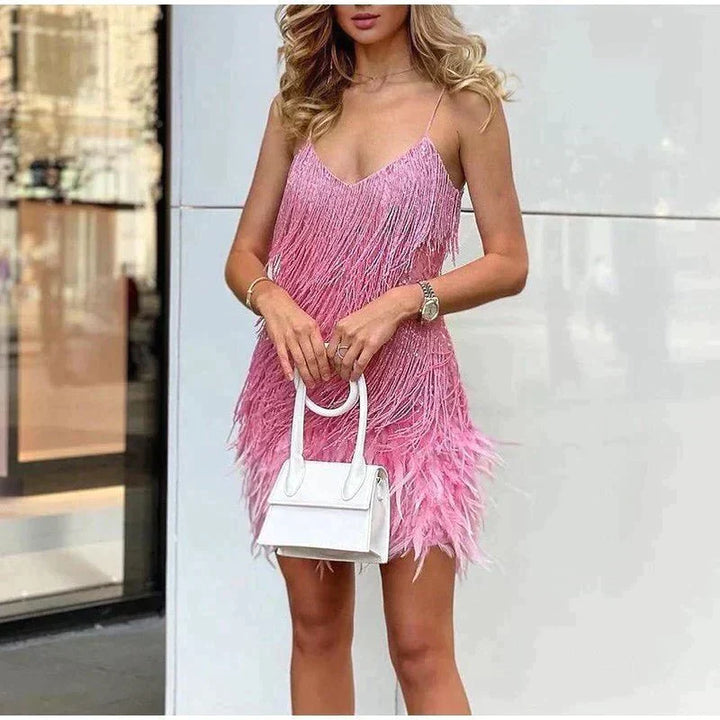 Sienna | Sleeveless Sequin Feather Trim Party Mini Dress