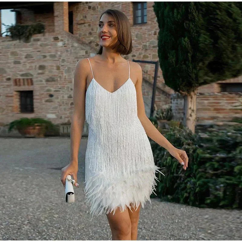 Sienna | Sleeveless Sequin Feather Trim Party Mini Dress