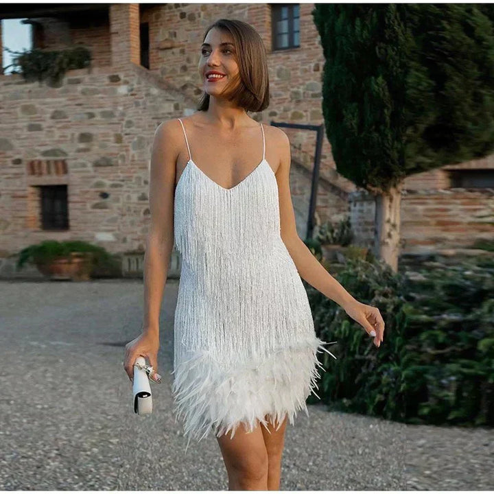 Sienna | Sleeveless Sequin Feather Trim Party Mini Dress