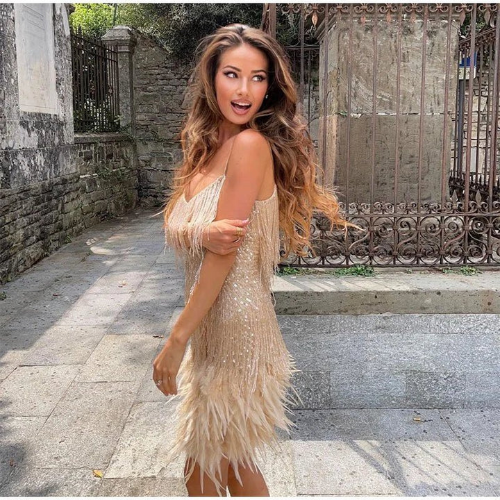 Sienna | Sleeveless Sequin Feather Trim Party Mini Dress