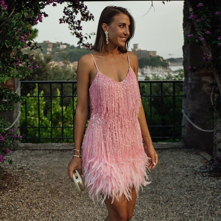 Sienna | Sleeveless Sequin Feather Trim Party Mini Dress
