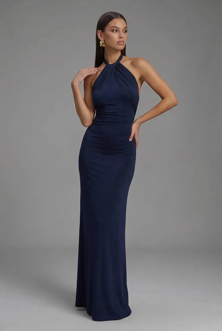 Sienna | Wedding Guest Ruched Halter Maxi Dress