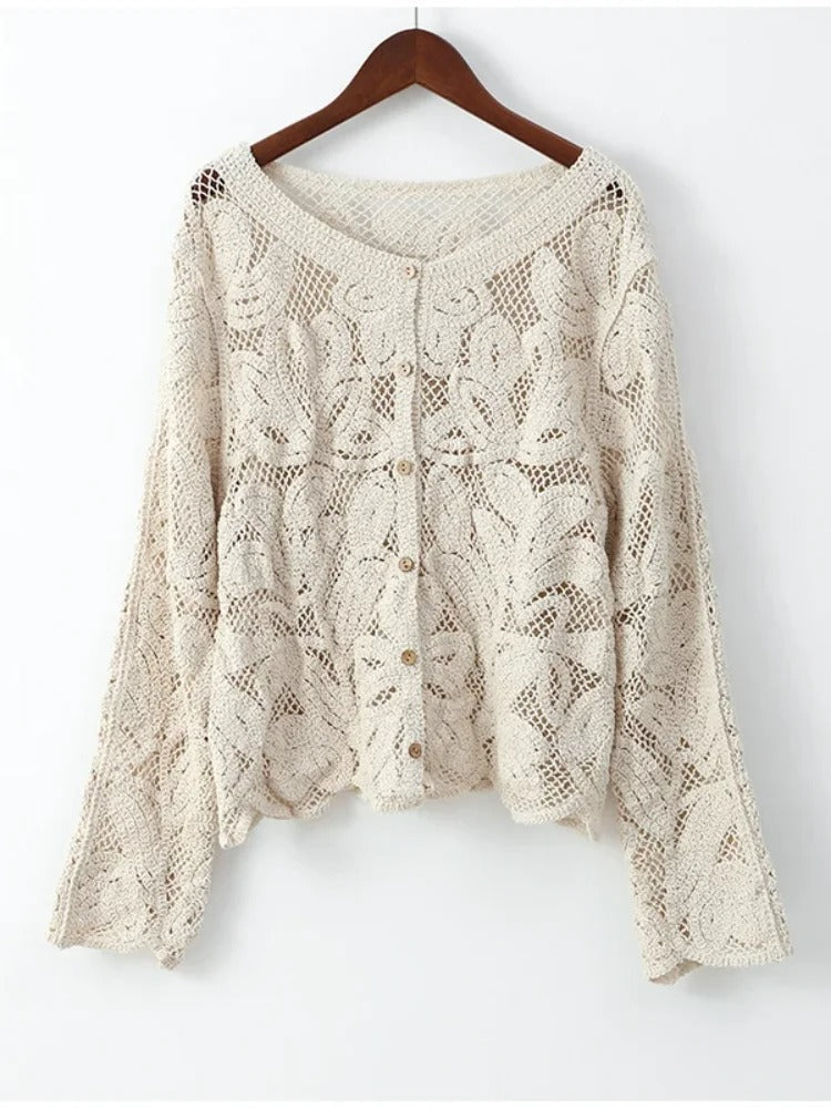 Sienna | Womens Cream Crochet Long Sleeve Button Cardigan
