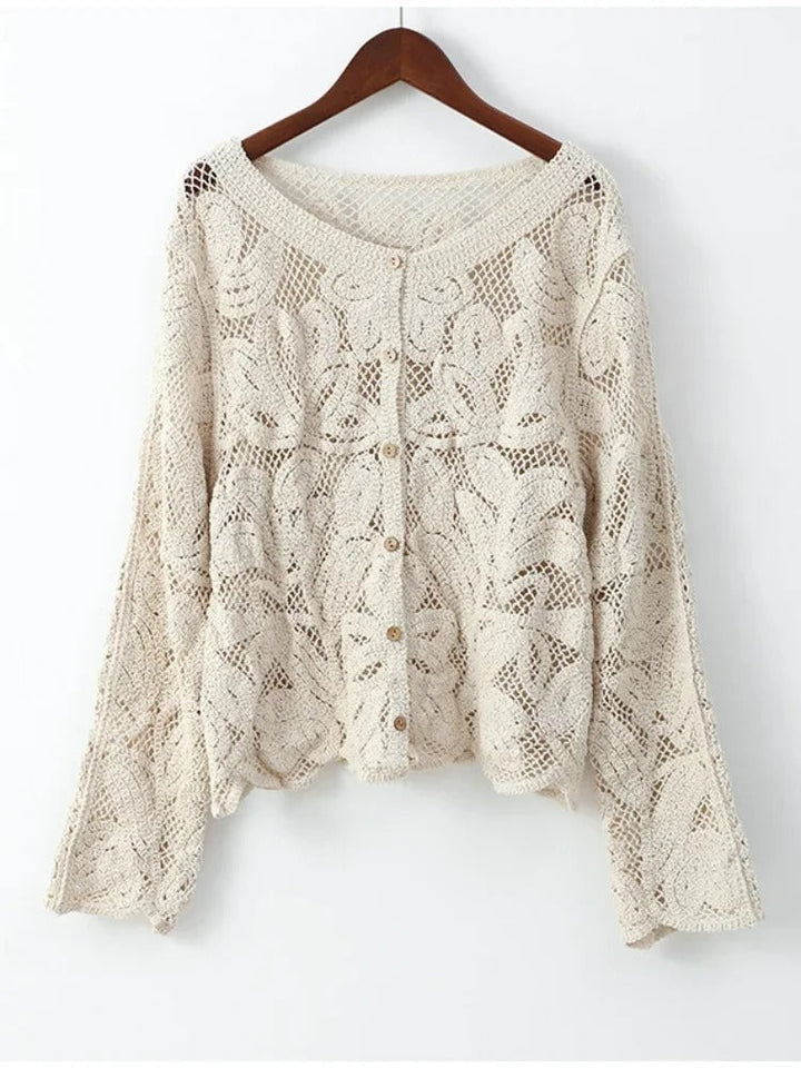 Sienna | Womens Cream Crochet Long Sleeve Button Cardigan