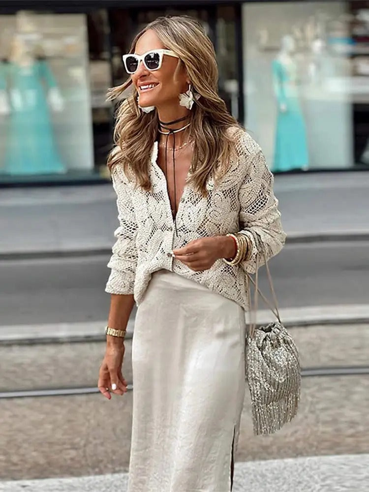 Sienna | Womens Cream Crochet Long Sleeve Button Cardigan