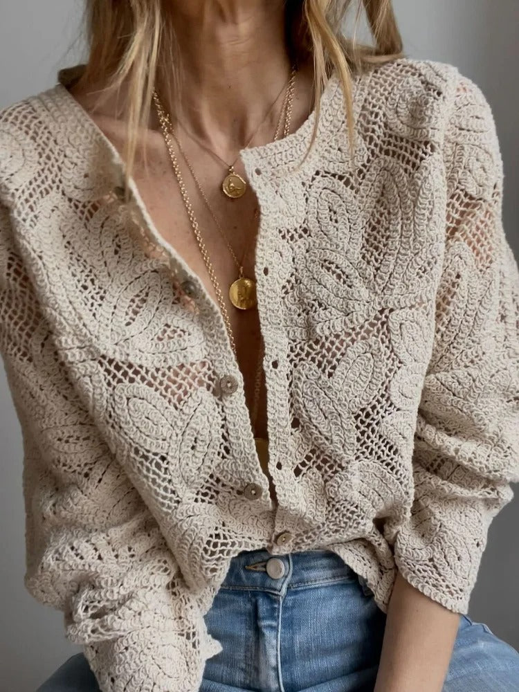 Sienna | Womens Cream Crochet Long Sleeve Button Cardigan