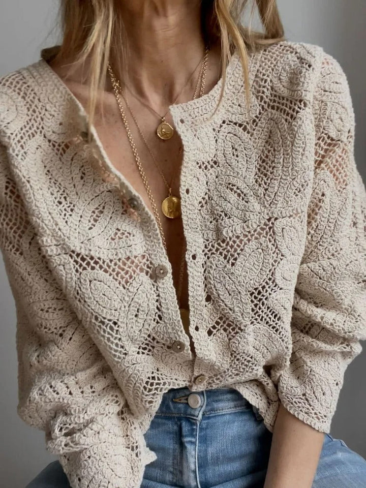 Sienna | Womens Cream Crochet Long Sleeve Button Cardigan