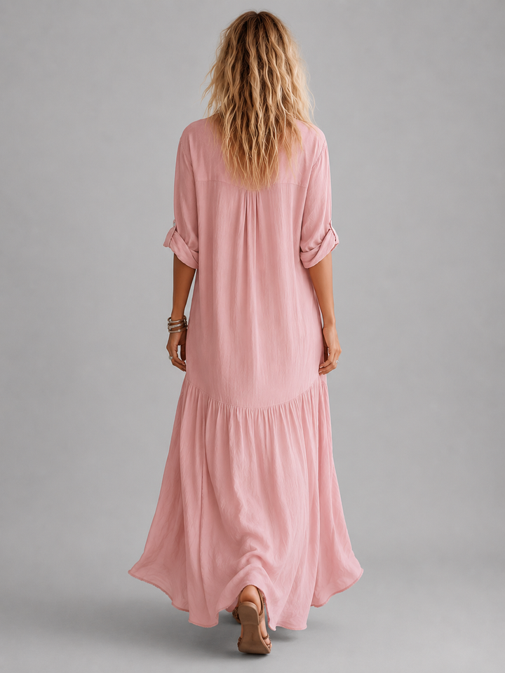 Sophia | Pink Long Sleeve Button Front Maxi Shirt Dress