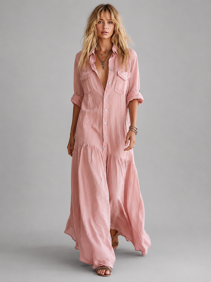 Sophia | Pink Long Sleeve Button Front Maxi Shirt Dress