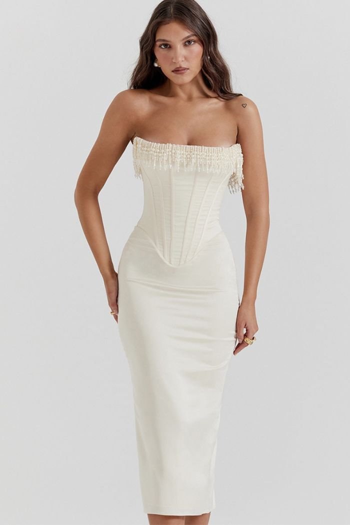 Sophia | Sleeveless Corset Bodice Wedding Guest Midi Dress