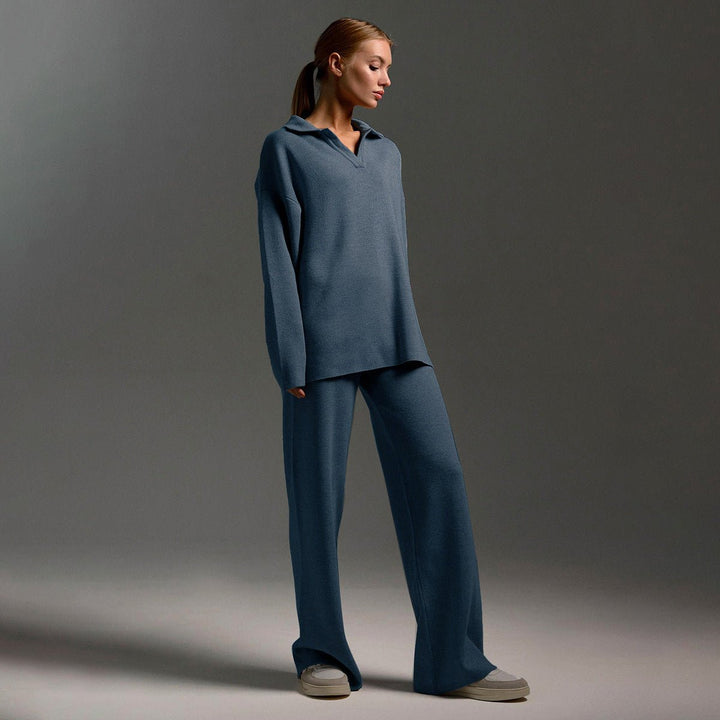 Tamsin | Knitted Collared Lounge Set Wide Leg Trousers