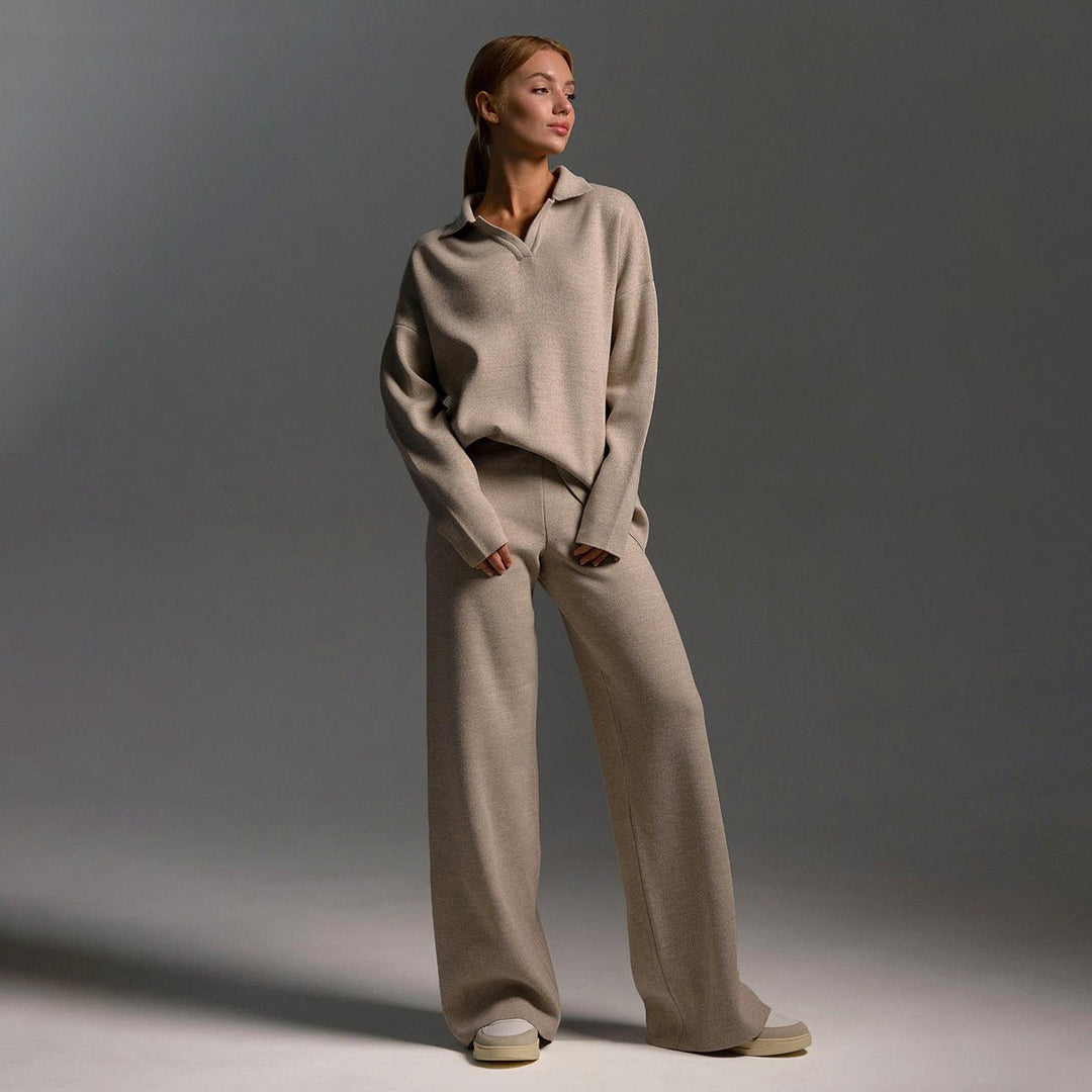Tamsin | Knitted Collared Lounge Set Wide Leg Trousers