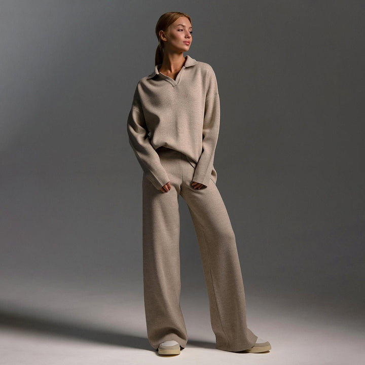 Tamsin | Knitted Collared Lounge Set Wide Leg Trousers