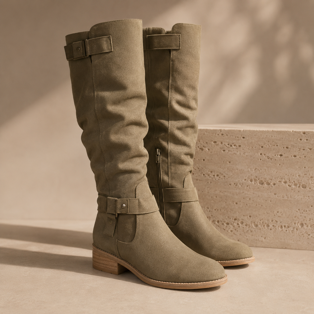 Amelia | Suede Knee High Buckle Boots