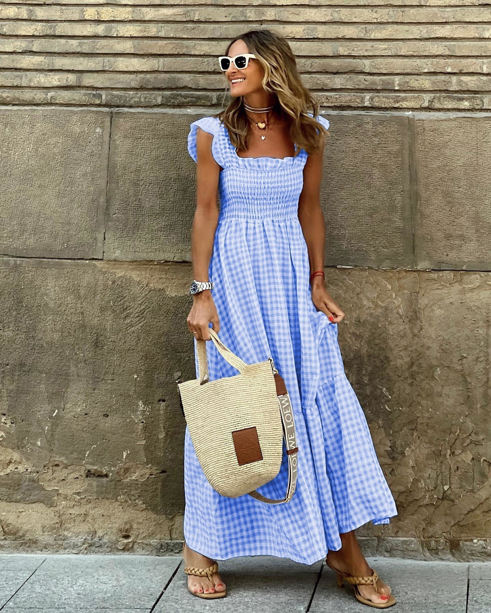 Tilly | Womens Gingham Shirred Summer Maxi Dress