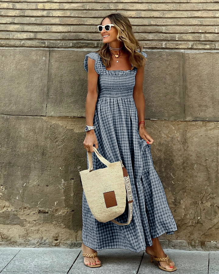 Tilly | Womens Gingham Shirred Summer Maxi Dress