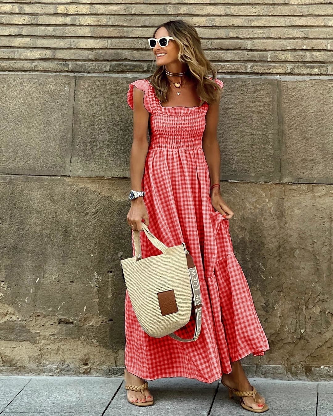 Tilly | Womens Gingham Shirred Summer Maxi Dress