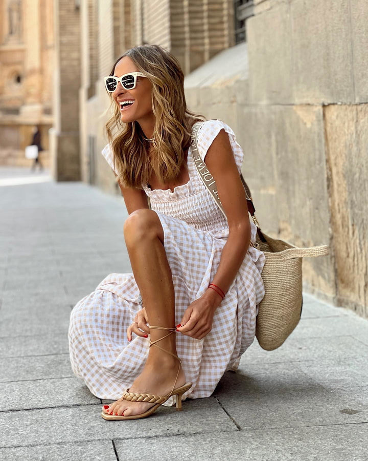 Tilly | Womens Gingham Shirred Summer Maxi Dress