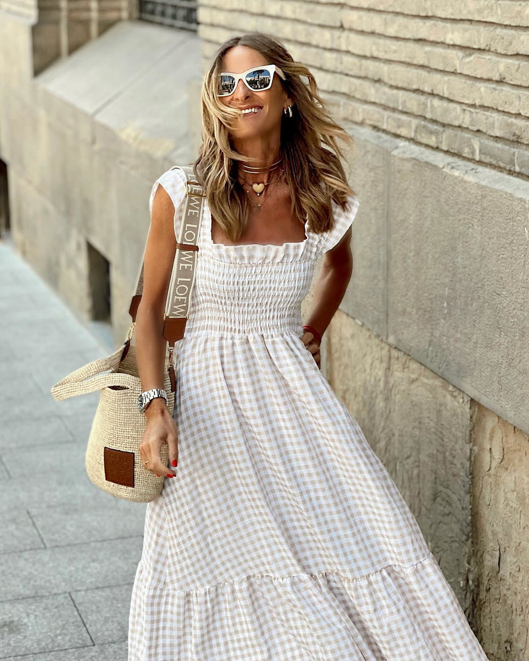 Tilly | Womens Gingham Shirred Summer Maxi Dress
