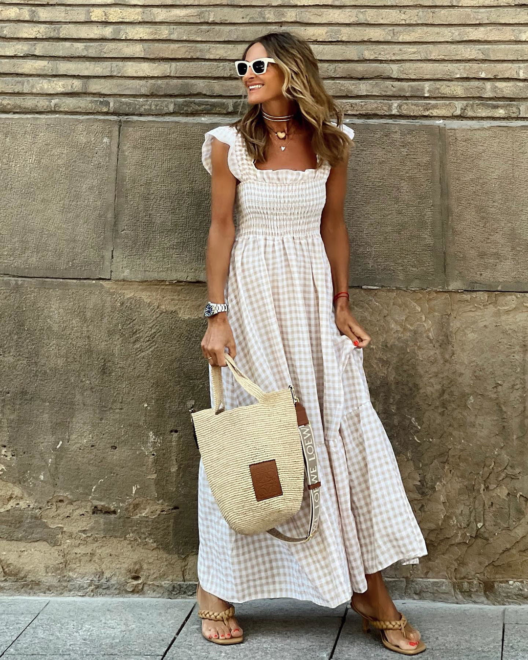Tilly | Womens Gingham Shirred Summer Maxi Dress