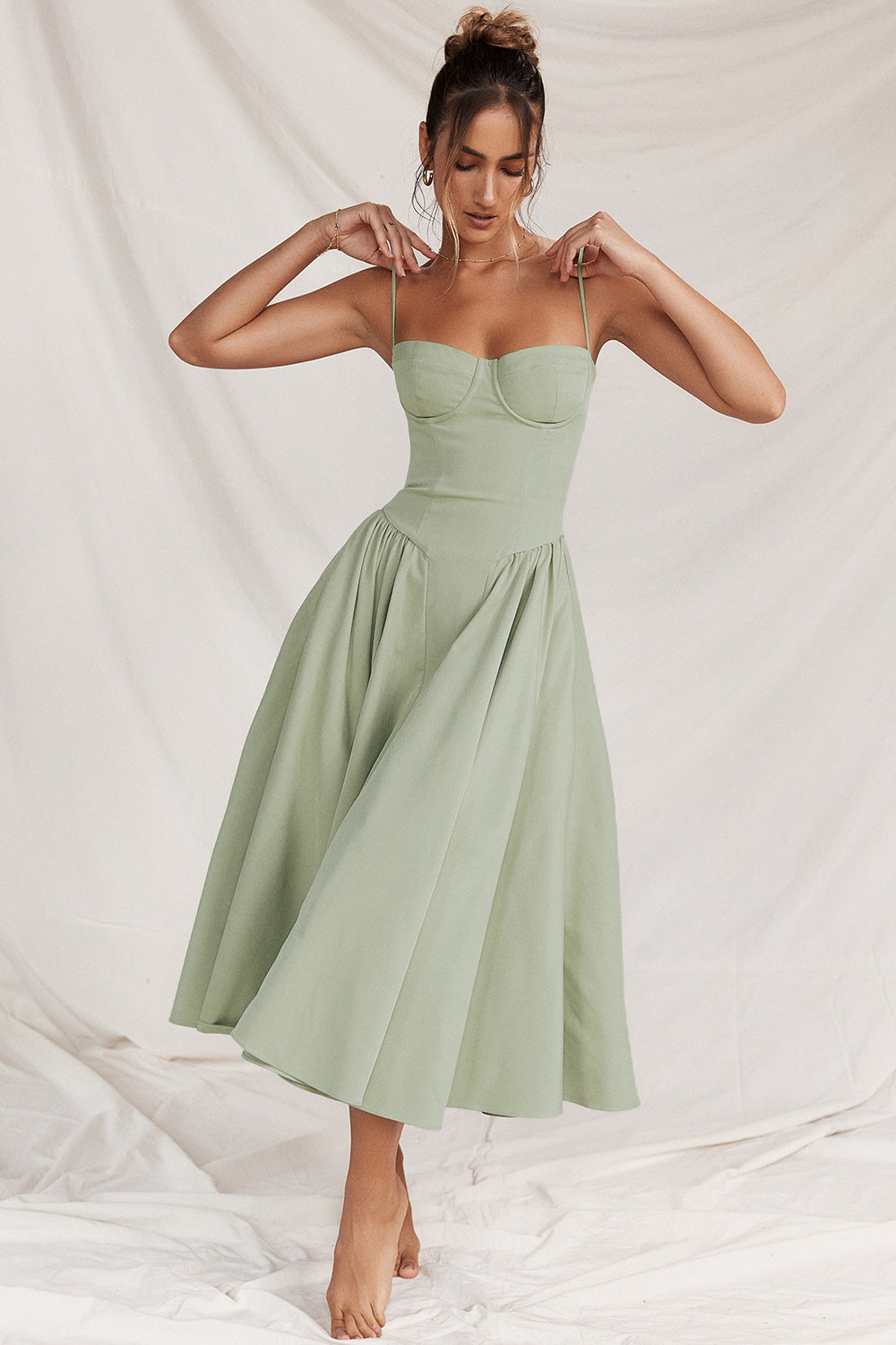 Verity | Pleated Sweetheart Neck Midi Cami Dress