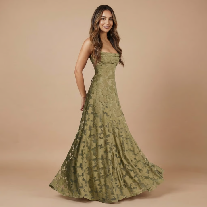 Verity | Wedding Guest Strapless Floral Lace Maxi Dress