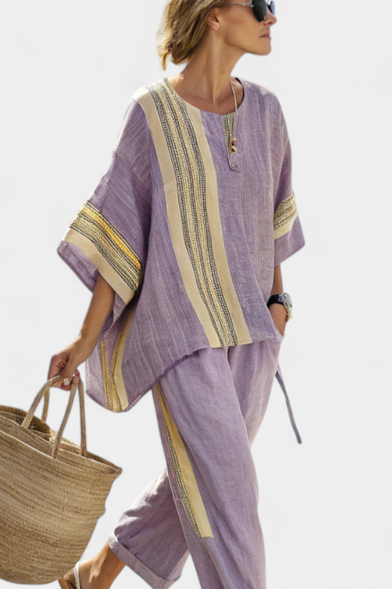 Verity | Womens Striped Linen Short Sleeve Trouser Set