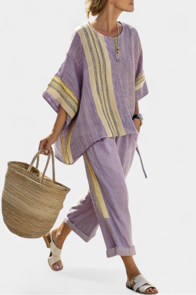Verity | Womens Striped Linen Short Sleeve Trouser Set