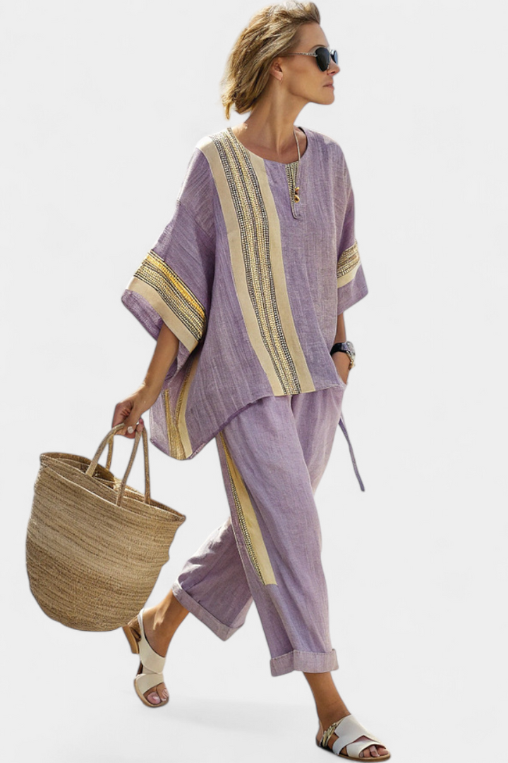 Verity | Womens Striped Linen Short Sleeve Trouser Set