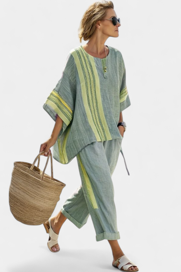 Verity | Womens Striped Linen Short Sleeve Trouser Set