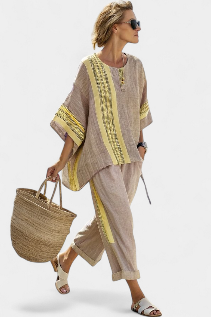 Verity | Womens Striped Linen Short Sleeve Trouser Set