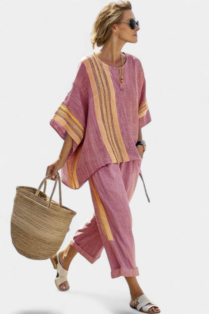Verity | Womens Striped Linen Short Sleeve Trouser Set