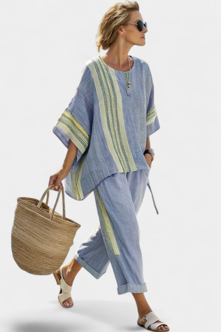 Verity | Womens Striped Linen Short Sleeve Trouser Set