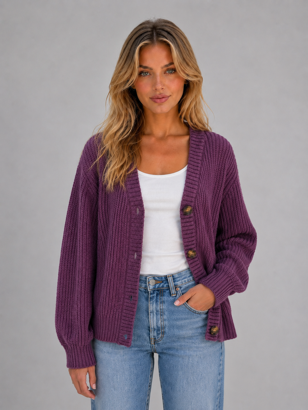 Florence | Relaxed Knitted V-Neck Button Front Cardigan