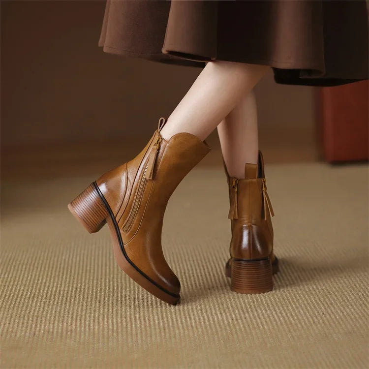 Gemma | Leather Chunky Heel Zip Ankle Boots