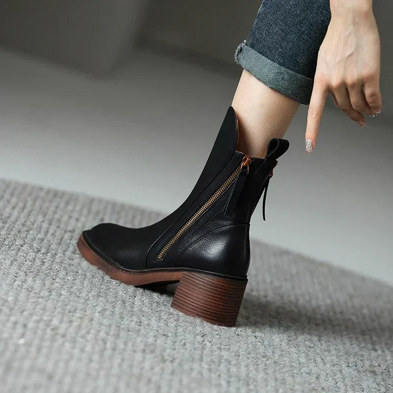 Gemma | Leather Chunky Heel Zip Ankle Boots