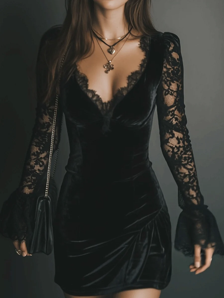 Harriet | Velvet Mini Dress with Lace Sleeves