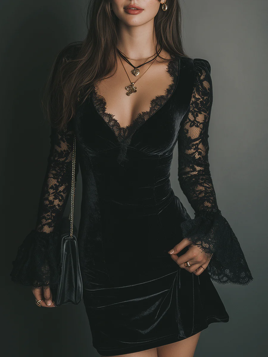 Harriet | Velvet Mini Dress with Lace Sleeves