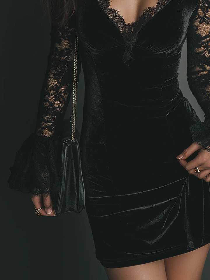Harriet | Velvet Mini Dress with Lace Sleeves