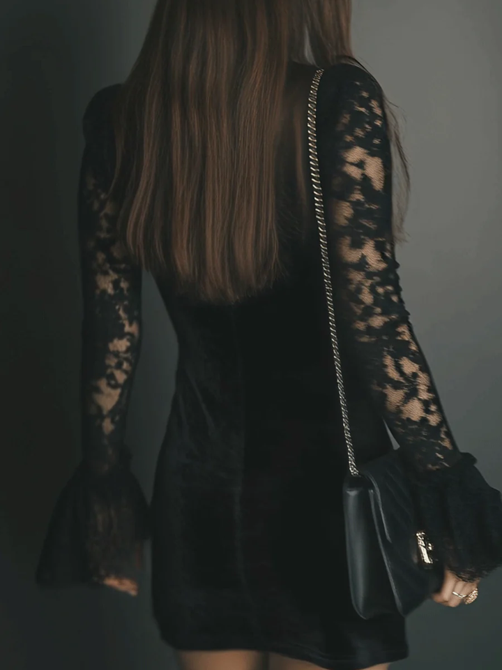 Harriet | Velvet Mini Dress with Lace Sleeves