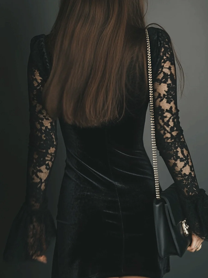 Harriet | Velvet Mini Dress with Lace Sleeves